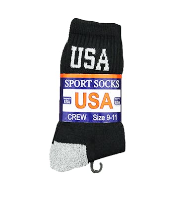 Adult Irregular Crew Socks - Black w/USA, 9-11, 3 Pack