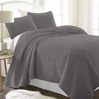 Premium Quilted Coverlet Sets - Grey, Queen, Damask Pattern, 3 Piece