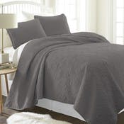 Premium Quilted Coverlet Sets - Grey, Queen, Damask Pattern, 3 Piece