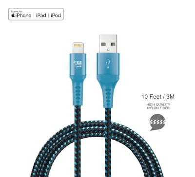 Lightning USB Cable - Aqua, Apple MFi Certified, 10'