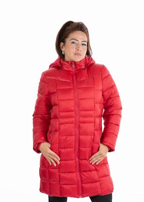 Women's 3/4 Puffer Jackets - S-XL, Red, Detachable Hood