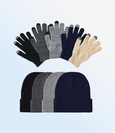 Wholesale beanies and knit caps, winter gloves, and scarves, as well as bulk winter accessory sets