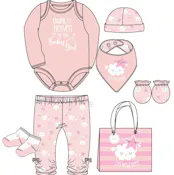 Girls 8pc Long Sleeve Set with Bag, 0-6 Month