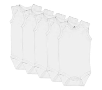 Unisex Sleeveless Romper, White, 0-9M, 5 Pack