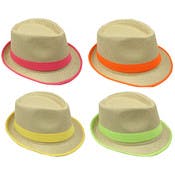 Fedora Hats - Straw, Neon Ribbon & Trim