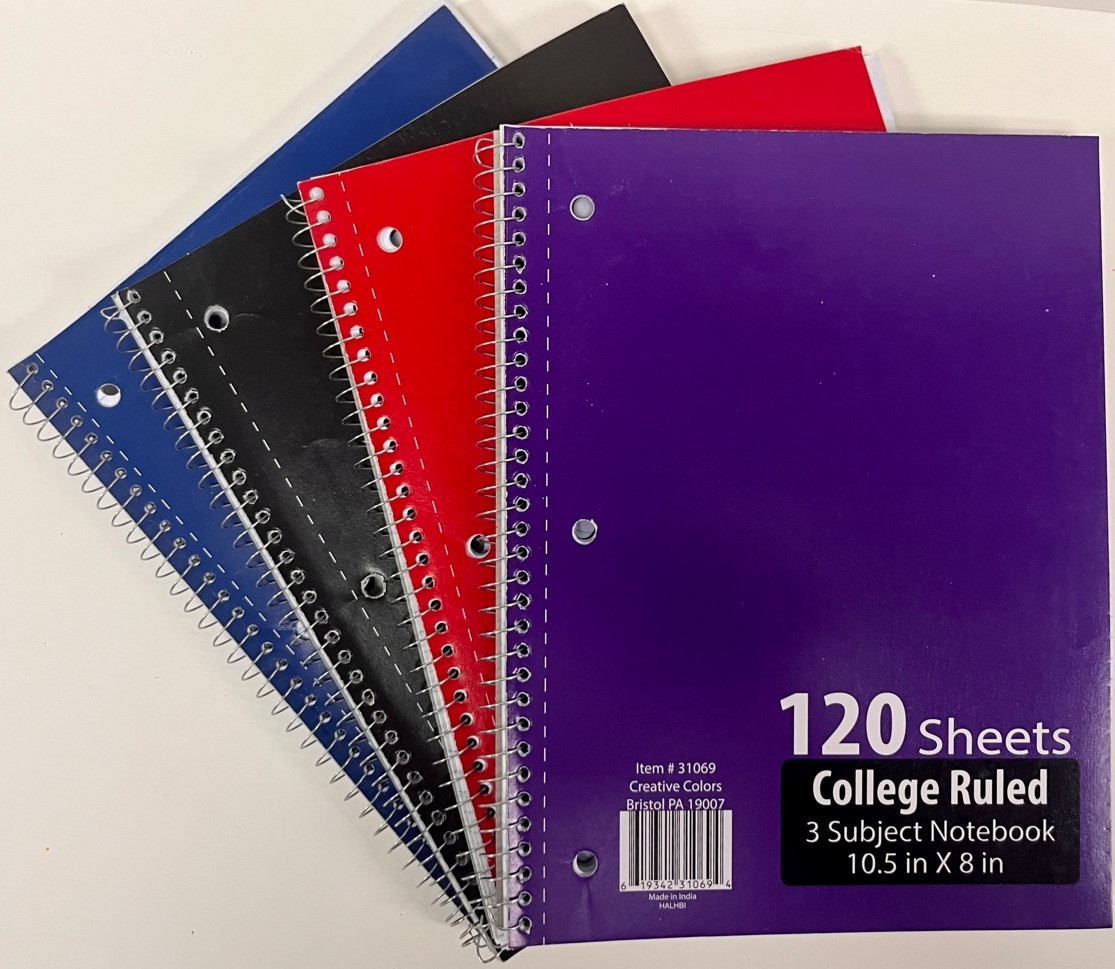Wholesale 3 Subject College Ruled Spiral Notebooks