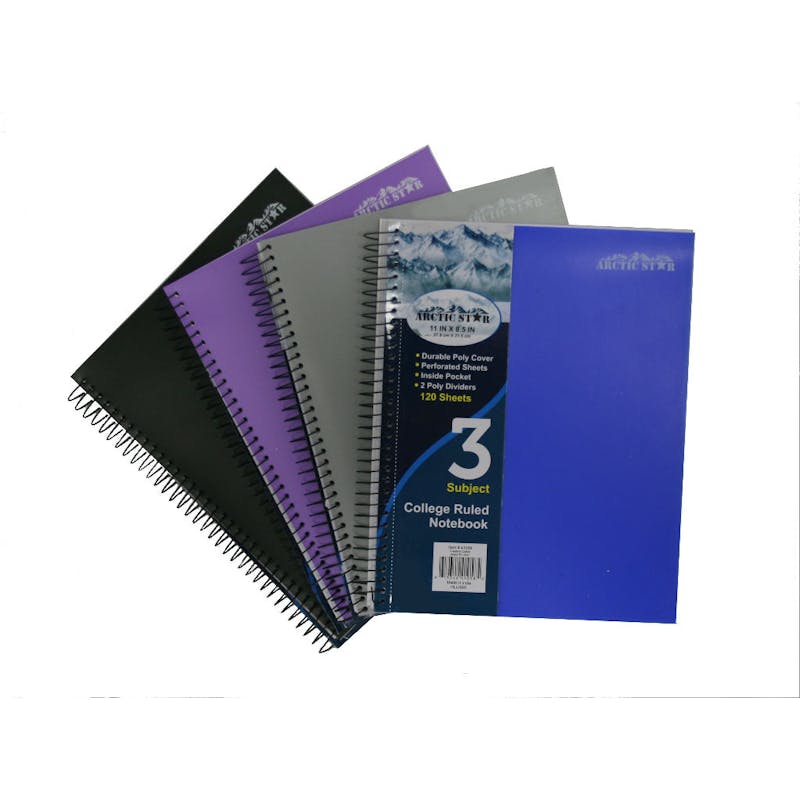 3 Subject College Ruled Spiral Notebook - 120 Sheets  4 Colors