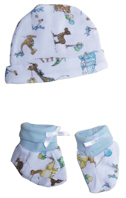 Cap &amp; Bootie Sets, Blue Animal Pattern