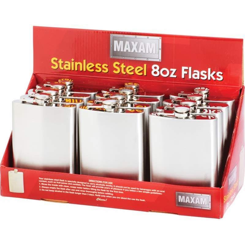 Maxam® 12 piece 8oz Stainless Steel Flasks in Countertop Display #D8KL