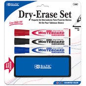 Dry Erase Markers & Eraser Sets - 3 Assorted Colors, Chisel Tip