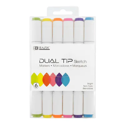 Dual Tip Fluorescent Markers - 6 Assorted Colors