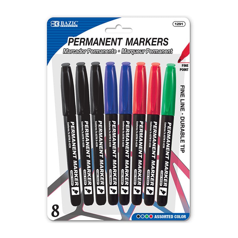 BAZIC Markers - 8 Count  Permanent  Assorted Colors  Fine Tip