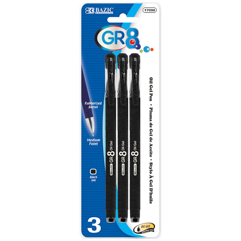 BAZIC GR8 Oil Gel Ink Pens - 3 Count  Black  Medium  Comfort Grip