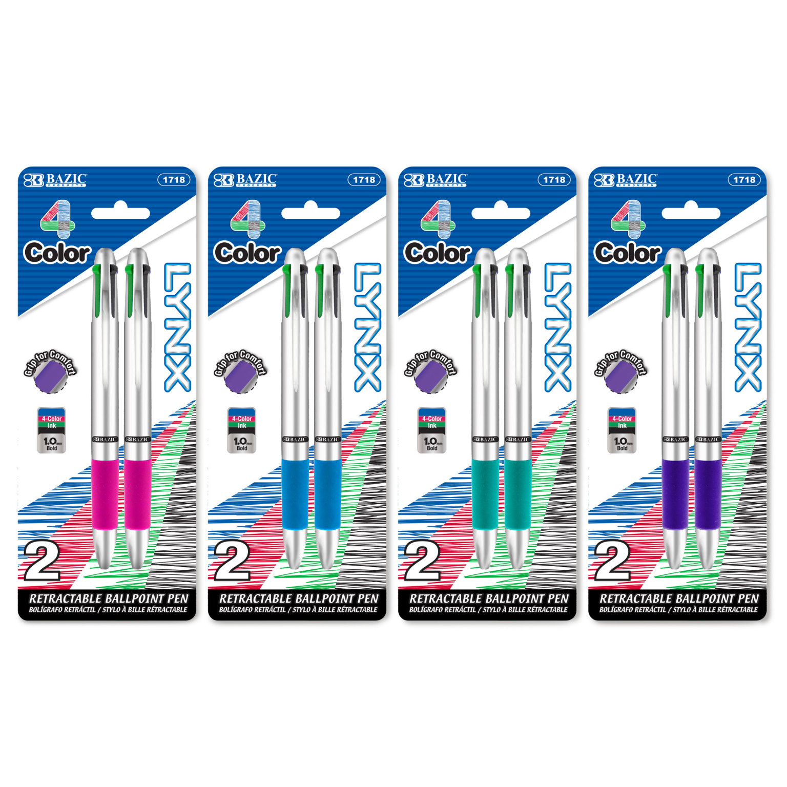 Retractable Pens - 4 Ink Colors, Cushion Grip, 2 Pack