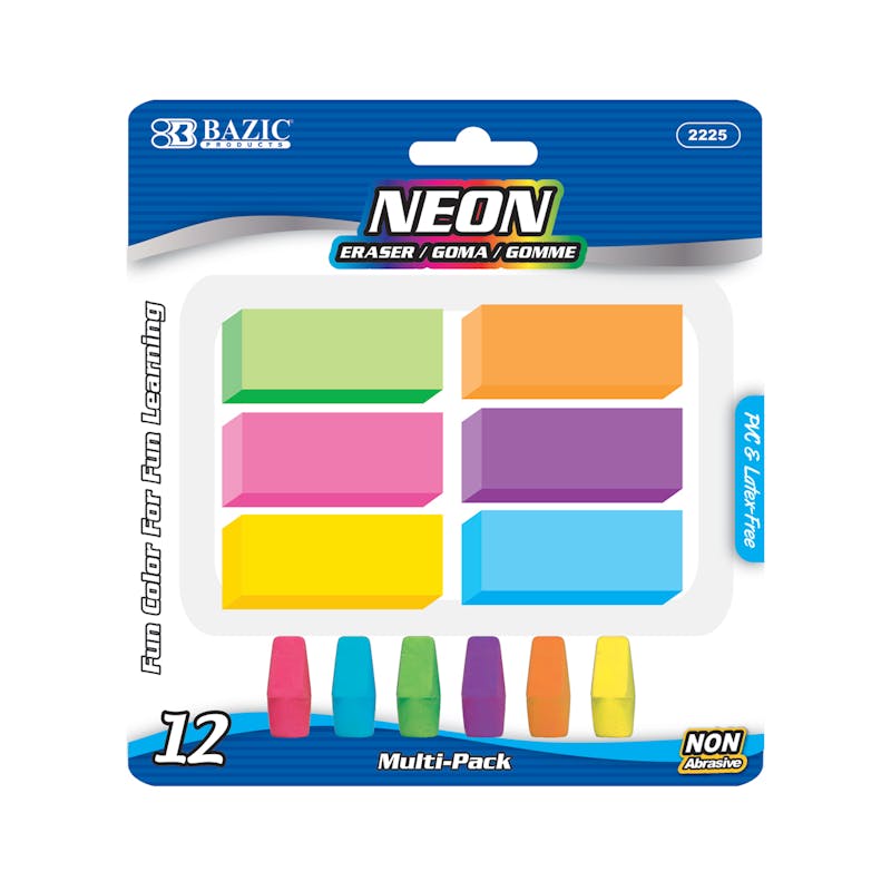 Eraser Sets - 12 Count  Assorted Neon  6 Bevel & 6 Cap