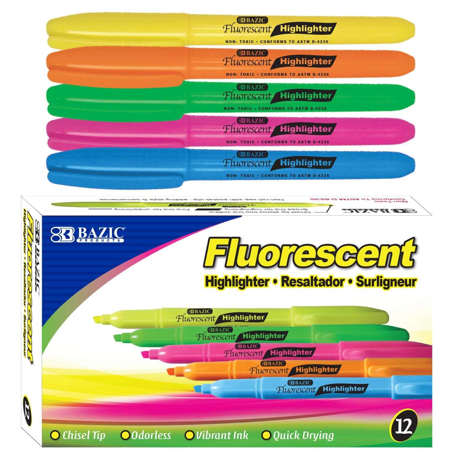 Wholesale Fluorescent Highlighters 12/Box, Assorted Colors