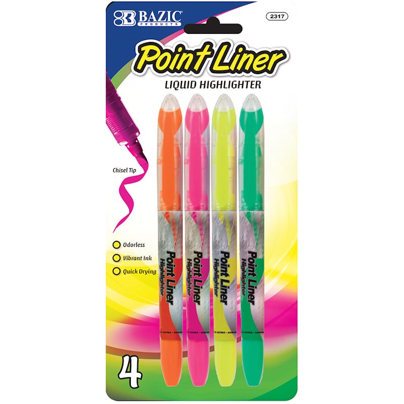BAZIC Liquid Highlighters - 4 Count  Assorted Fluorescent Colors  Pen-style