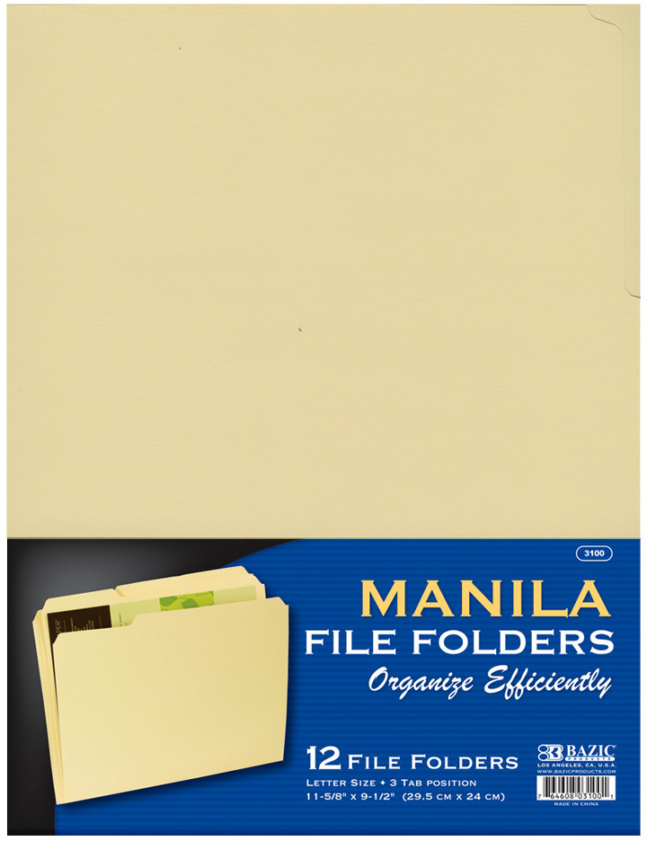 Wholesale BAZIC 1/3 Cut Letter Size Manila File Folder (12/Pack) (SKU