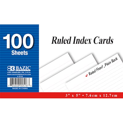 Index Cards - Ruled, White, 100 Cards, 3" x 5"