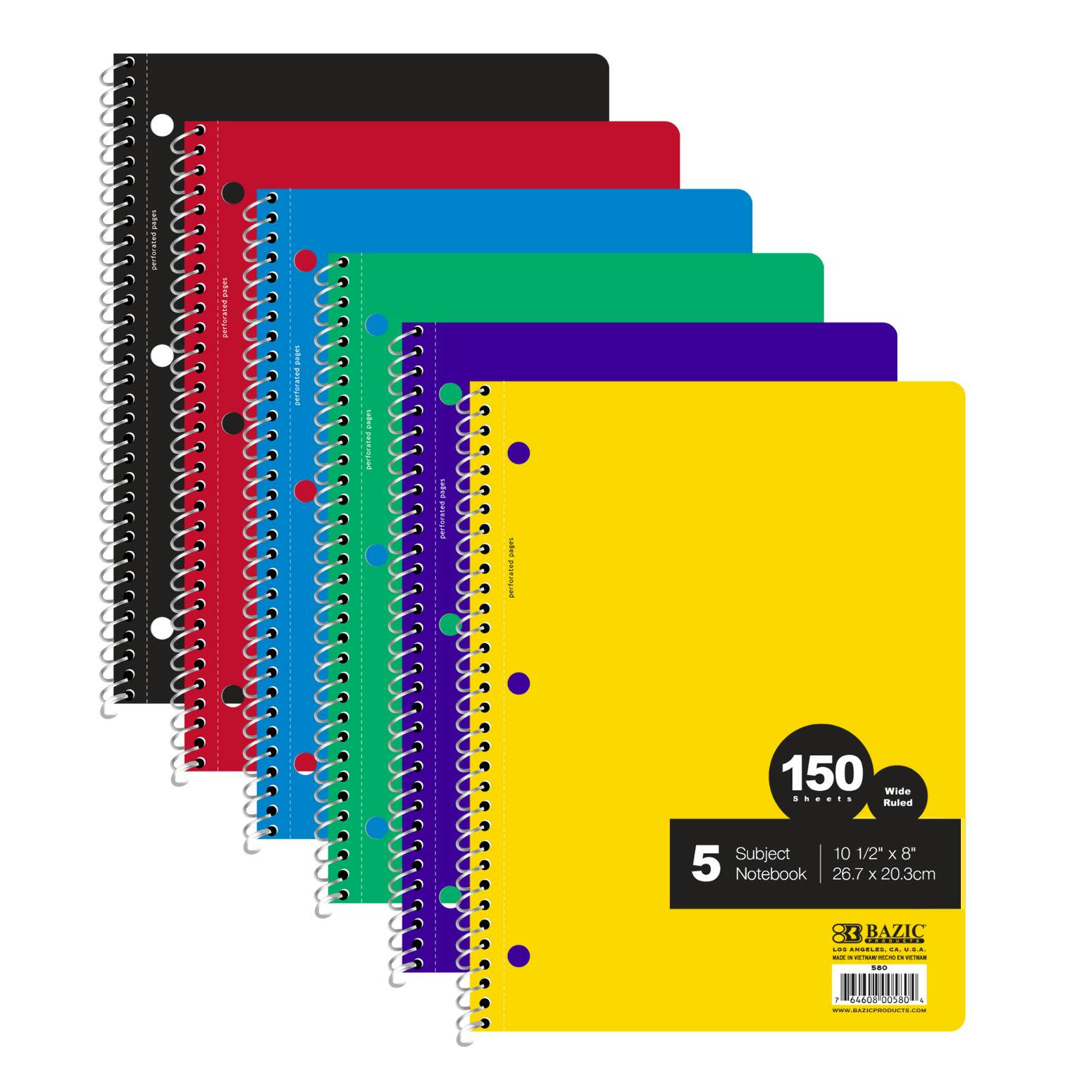 Wholesale BAZIC 5 Subject Wide Ruled Spiral Notebook - 24 Count, 150 ...