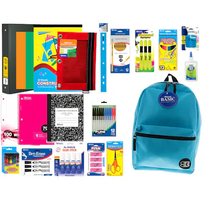 16" Elementary Backpack School Supply Kits - 20 Piece, Cyan