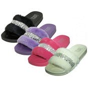 Women's Rhinestone Slippers - Sizes 6-11, Faux Fur