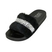 Women's Rhinestone Sandals - Black, 6-11, Faux Fur