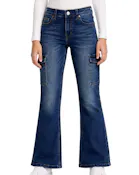 Girls Skinny Jeans with Cargo Pockets - Size 4-14, Medium Blue