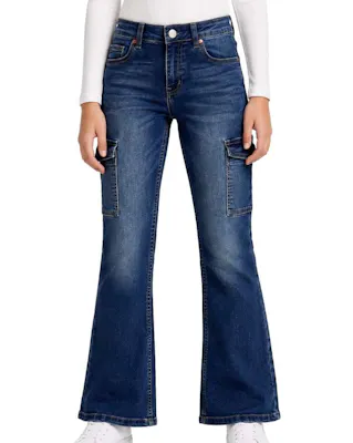 Girls Skinny Jeans with Cargo Pockets - Size 4-14, Medium Blue