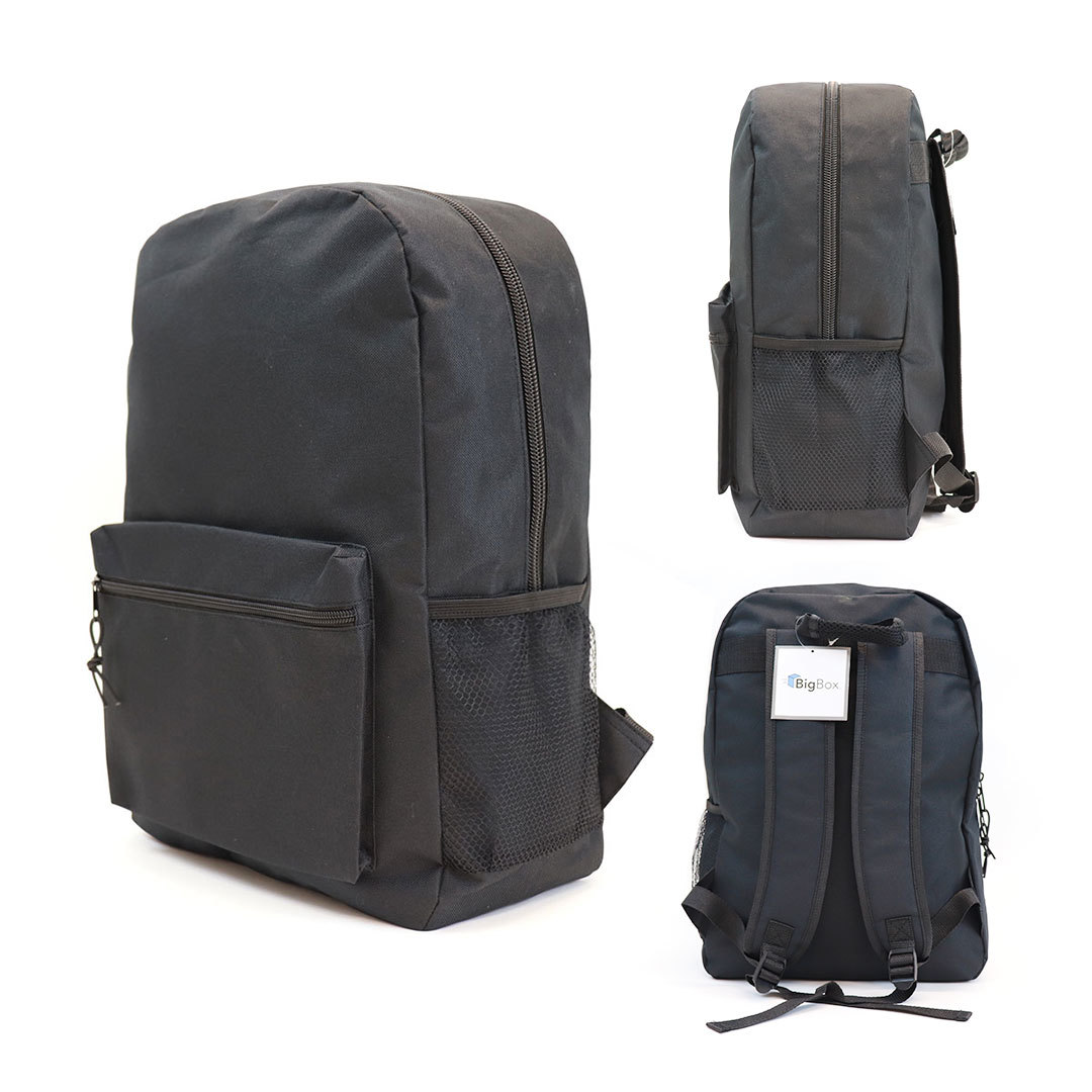 Wholesale 17 Classic Black Backpacks - Mesh Pockets