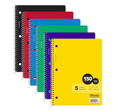 5 Subject Notebooks -  College-Ruled, 150 Sheets,  Assorted Colors
