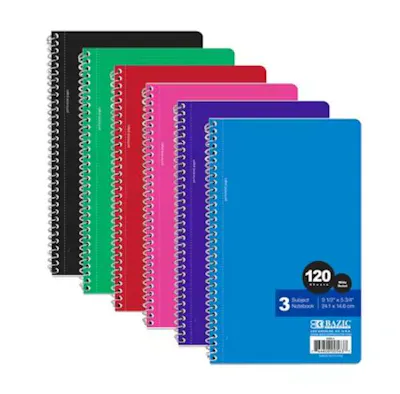 3 Subject Spiral Notebooks - Wide Ruled, 120 Sheets, 6 Colors