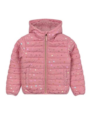 Girls’ Sherpa Lined Heart Print Jacket, Pink, 4-6X