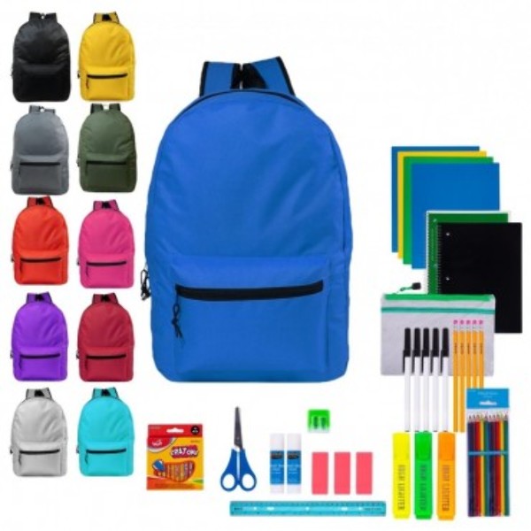 19" Backpack with 48 Piece School Supply Kit, Assorted Colors 12 Count