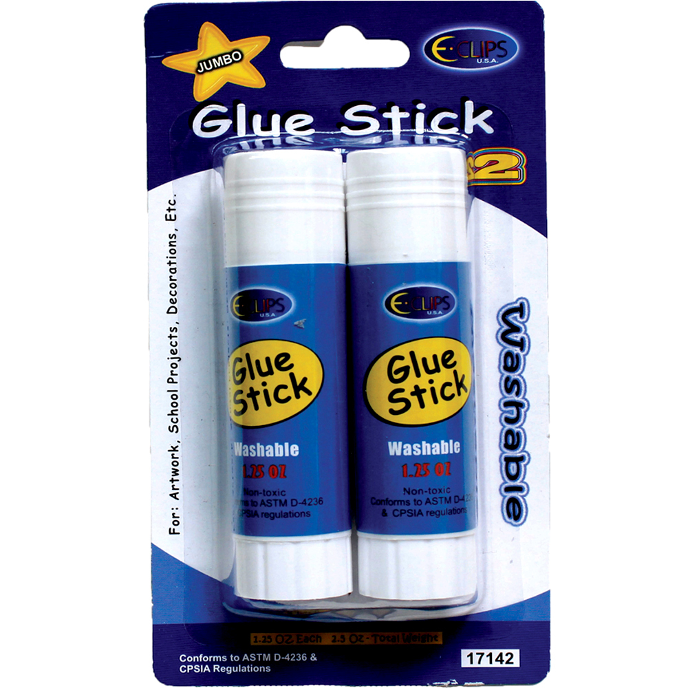 Wholesale EClips White Glue Sticks Washable, 1.25 oz each, Jumbo, 2