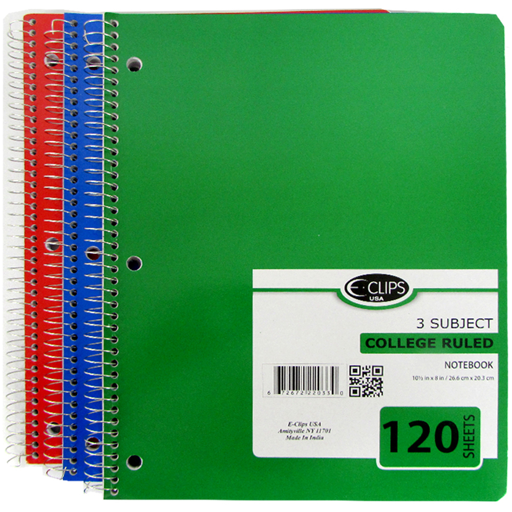 Wholesale 3 Subject Spiral Notebook College Ruled, 120 Sheets