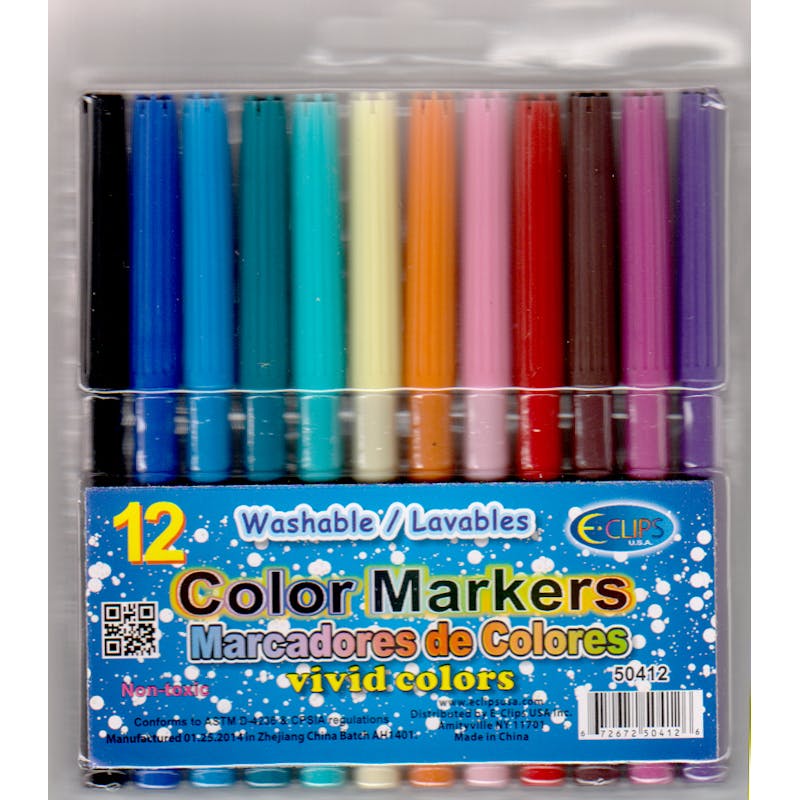 E-Clips Markers - 12 Count  Washable  Assorted Colors  Fine Tip