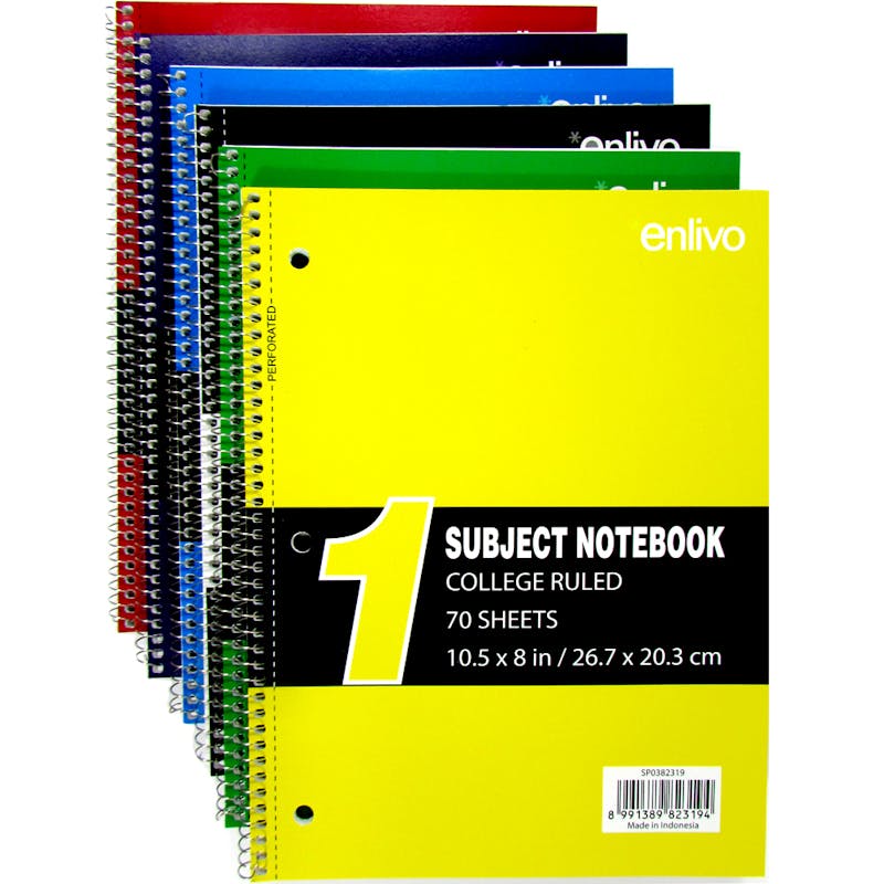 1 Subject College Ruled Spiral Notebook - 70 Sheets  6 Colors