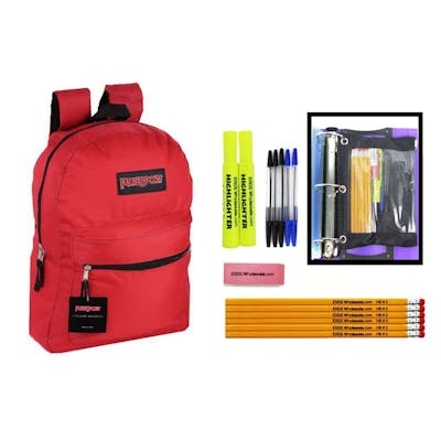 17" Classic Backpack &amp; High School Supply Kit Combos - 12 Kits, 15 Pieces, Red