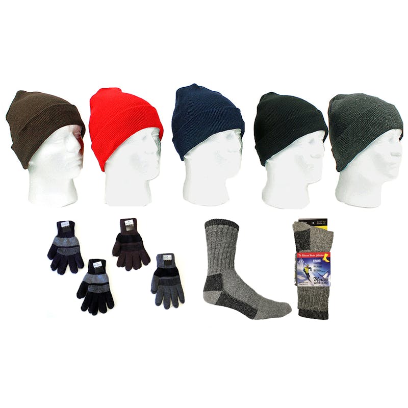 Men's Knit Cuffed Hat  Knit Gloves & Merino Wool Thermal Socks - Assorted Colors