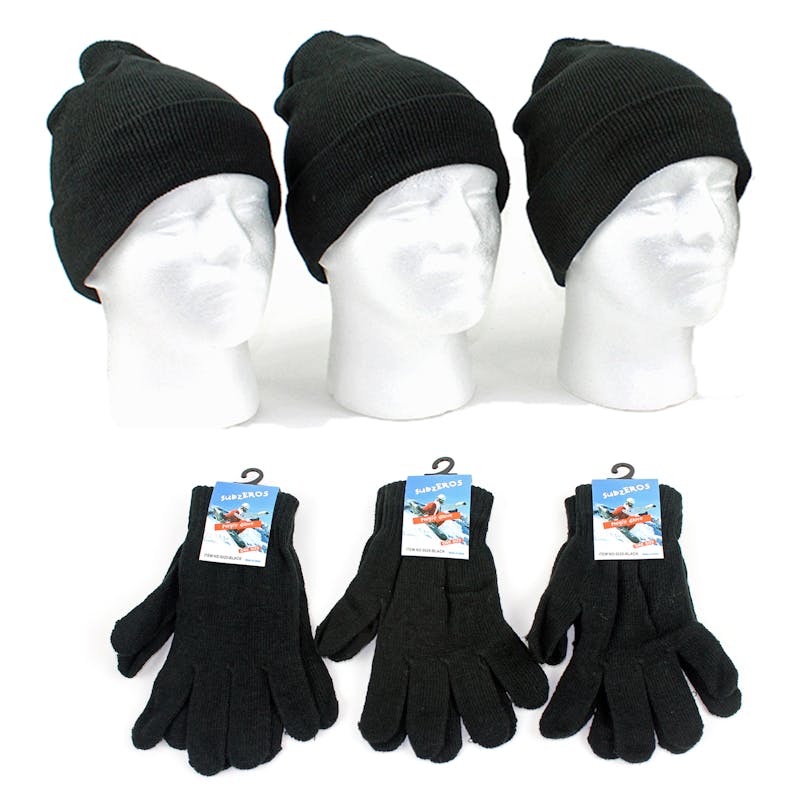 Adult Knit Hats & Magic Gloves Sets - Black  Cuffed Winter