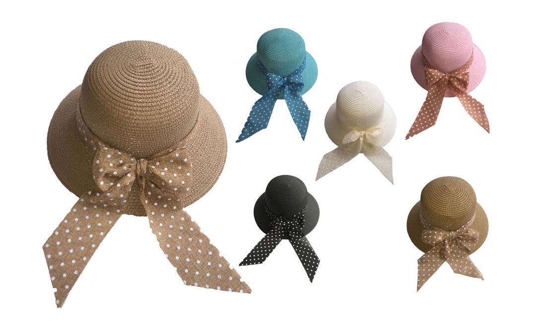 Ladies Womens Colored Straw Woven Summer Hats w/ Polka Dot Bow 