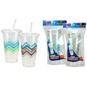 Plastic Beverage Cups - Chevron Design, with Lid & Straws, 24 oz, 10 Pack