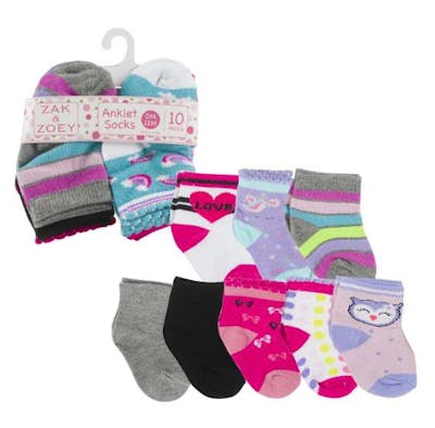 Girls' Ankle Socks - Assorted, 0-12M, 10 Pk