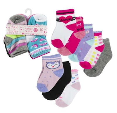 Girls' Ankle Socks - Asst Prints, 12-24M, 10 Pk