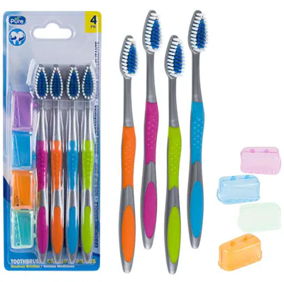 Toothbrushes with Cap - 4 Pack, Assorted Colors