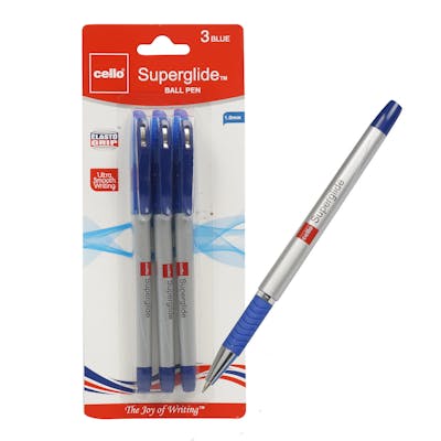 Wholesale Cello Superglide Stick Pens - 3 Count, Blue, Elasto Grip