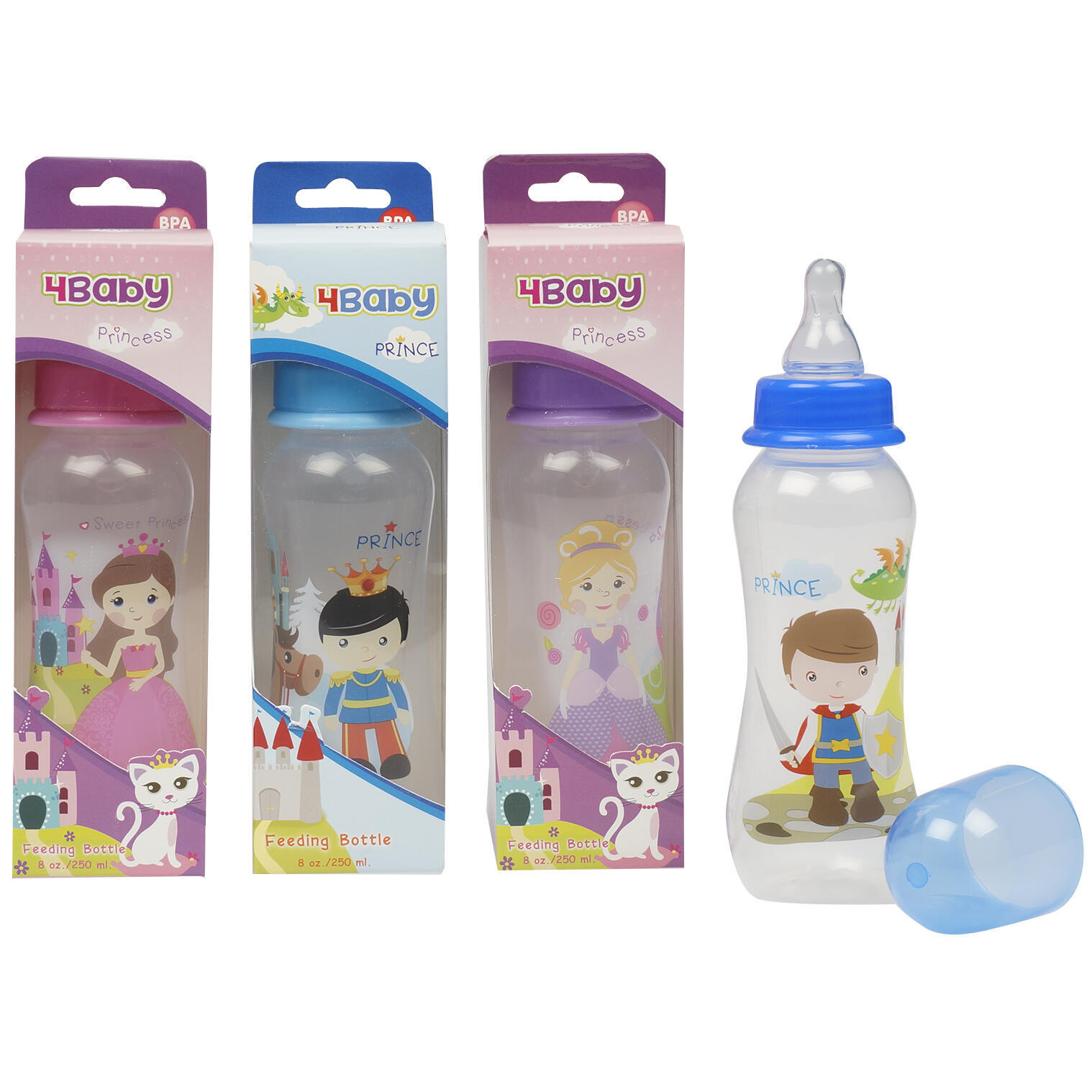 Wholesale Baby Bottle Boxed Assorted Prince Princess, 8 oz