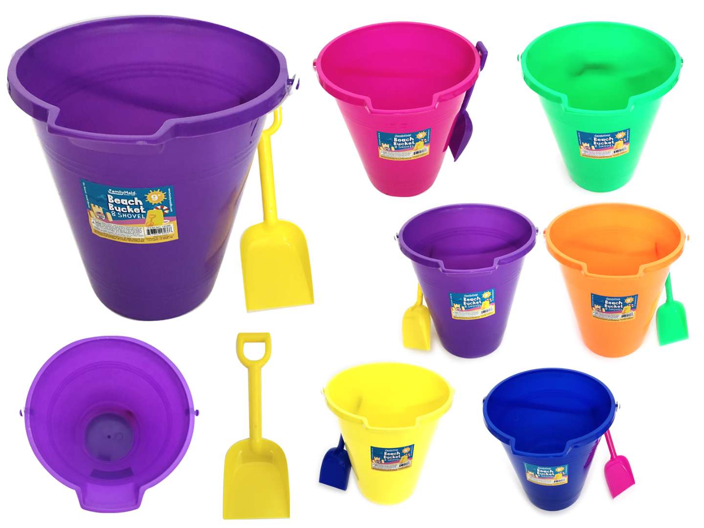Beach Buckets - Assorted Colors, 9, with Shovel
