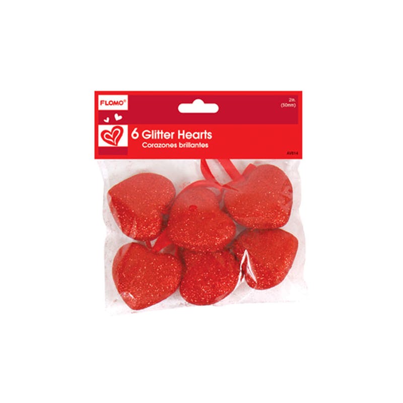 6 pack Mini Glitter Foam Hanging Hearts with Red Stain Ribbons